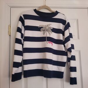 Lilly Pulitzer Navy White Striped Ballard Sweatshirt Sequin Pearl Palm Tree- XS